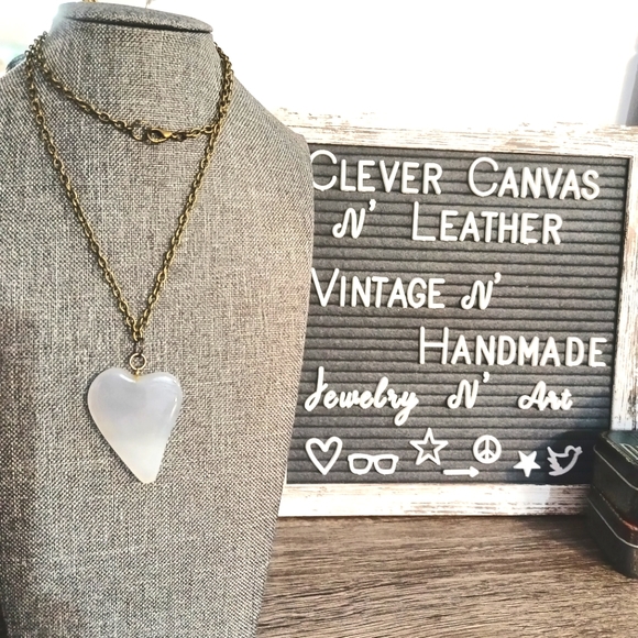 Vintage Agate heart necklace brass chain - Picture 4 of 8